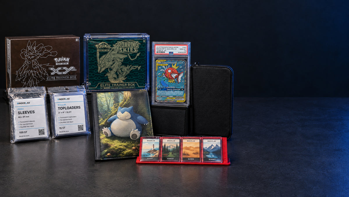 Binderlab-sortiment med Pokémon-produkter, binders, kortskydd och personligt UV-tryck